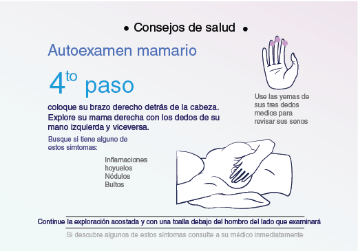 Acostada, explore su mama derecha con los dedos de su mano izquierda.